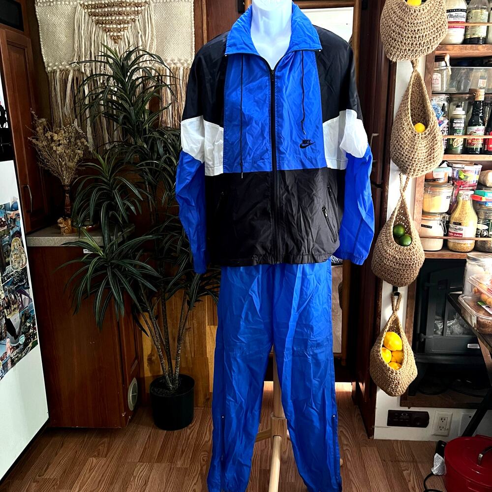 Vintage 90s Nike Tracksuit M Blue Colorblock Nylon Windbreaker Warm Up Suit Set